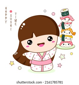 Cute smiling little girl with stack of kawaii sushi and rolls. Japanese traditional cuisine dishes. Can be used for t-shirt print, sticker, greeting card, menu design. Vector illustration EPS8 