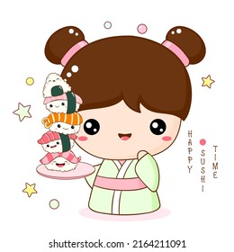 Pequeña niña sonriente y agradable con un montón de sushi y panecillos kawaii. Cocina tradicional japonesa. Se puede usar para imprimir camisetas, pegatinas, tarjetas de felicitación, diseño de menús. Ilustración del vector EPS8 