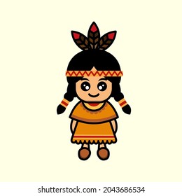 Cute and smiling Little Girl Wearing American Indian Dress on pale yellow background. vector character