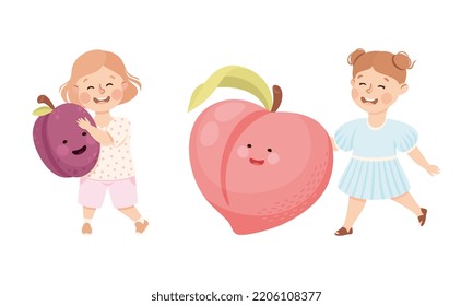 Cute smiling little girls playing with big plum and peach fruit set cartoon vector illustration