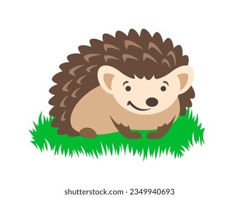 Cute smiling little hedgehog sitting in green grass. Simple flat illustration. Isolated on white