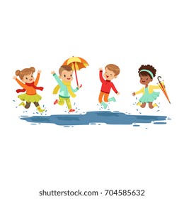 Cute smiling little kids jumping and splashing through the puddles, boys and girls playing in the rain cartoon vector Illustration