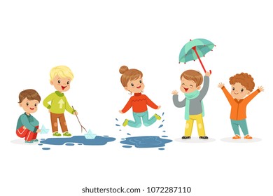 Cute Smiling Little Kids Playing On Puddles, Set For Label Design. Active Leisure For Children. Cartoon Detailed Colorful Illustrations