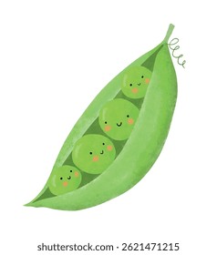 Cute Smiling Little Peas Peeking Out Of The Shell.  Lovely Vector Illustration Of Kawaii Style Peas Isolated On A White Background. Happy Healthy Vegetable. 