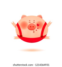Cute smiling little pig  gives a kiss. The year of the pig. Holiday greeting card. Isolated vector illustration.