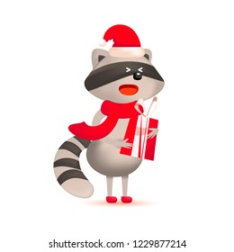 Cute smiling little raccoon with a gift. Holiday greeting card. Isolated vector illustration. Cute Raccoon with gift and Christmas greeting