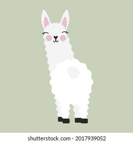 Cute smiling llama character isolated vector illustration. Funny animal for kids. On olive green background. Child drawn style lama.