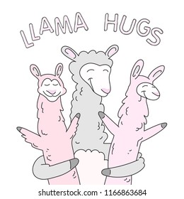 Cute smiling llama family illustration with text - llama hugs. Fashion baby t-shirt print, printed tee kids wear, book illustration, notebook, shop, poster, baby shower and invitation card design