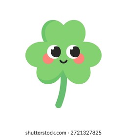 Lindo trébol de la suerte sonriente. Trébol de cuatro hojas. Conceptos naturales, vegetales, del día de San Patricio. Ilustración aislada de diseño de Vector de dibujos animados decorativos planos.	