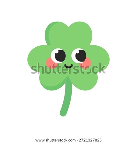 Cute smiling lucky clover. Four-leaf clover. Natural, plant, St Patrick's Day concepts. Flat decorative cartoon vector design isolated illustration.	