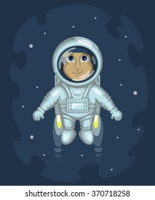 Cute smiling man dressed in white spacesuit is flying in outer space using cosmic engine, on starry space background. Science and fiction concept