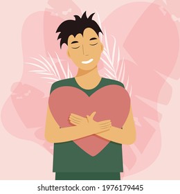 Cute Smiling Man Hugging Big Heart with Love and Care. Motivate, Relax, MeTime, Slow Life Concept. Valentines Postcard.