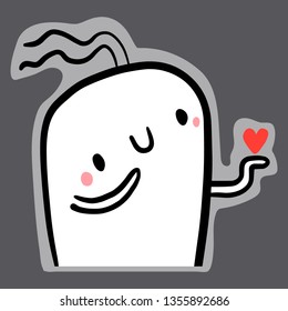 Cute smiling marshmallow with heart hand drawn sticker illustration in cartoon style