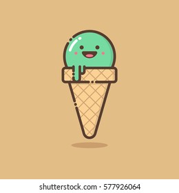 Cute Smiling Matcha Green Tea ice cream in a cone