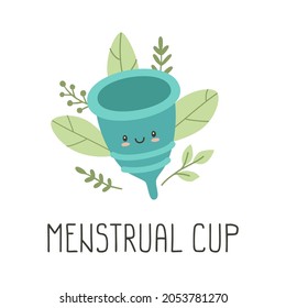 Cute smiling menstrual cup with leaves. Intimate hygiene reusable product for women. Zero waste.