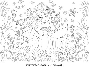 Cute smiling mermaid coloring page illustration sitting in a giant seashell with friendly fish, seahorses, and starfish in a magical underwater world.
