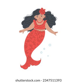 Sirena sonriente con cola roja y flor en el cabello plana, ilustración vectorial aislada en fondo blanco. Elemento de diseño decorativo, hermosa criatura mítica subacuática