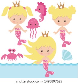 Cute smiling mermaid vector cartoon illustration