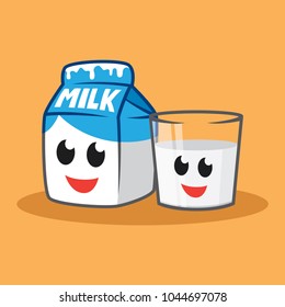 Cute Smiling Milk Box With Glass Of Milk Illustration. Healthy Vector Mascot Character. 