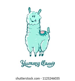 Cute smiling mint llama, handrawn illustration with text - yummy llamy. Fashion baby t-shirt print, printed tee kids wear, book illustration, notebook, shop, poster, baby shower, invitation card 