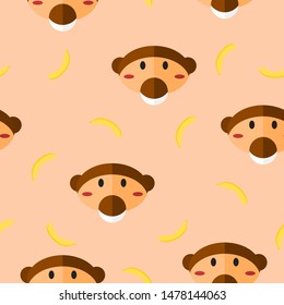 Cute smiling monkey and banana seamless pattern with pink background. vector illustration.