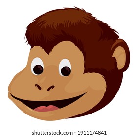 Cute and smiling monkey head with brown hair, isolated over white background.
