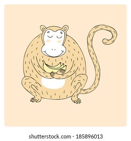 cute smiling monkey hugs bananas