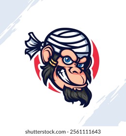 Cute Smiling Monkey Primate Mascot Logo wearing Bandage on Head