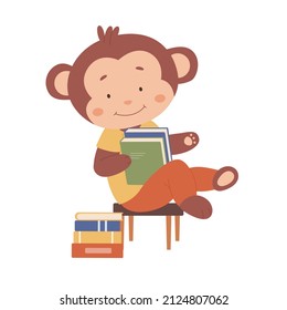 Cute smiling monkey sitting on chair and reading. Tropical animal with stack of books cartoon vector illustration