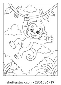 Cute Smiling Monkey Vine Swing Coloring Page for Preschool and Kindergarten Kids. Simple Cartoon Jungle Animal Illustration
