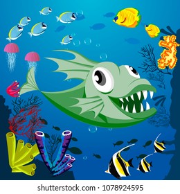 Cute smiling monster fish among marine habitats, coral and reefs