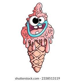 Cute smiling monster icecream cone. Vector summer illustration isolated on white background