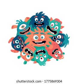 Cute Smiling Monsters In A Circle. Vector Cartoon Design For Print Or Decoration.