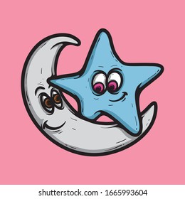 Luna sonriente y carácter estrella, aislado en un fondo rosa. Gracioso objeto espacial amistad, día y noche.