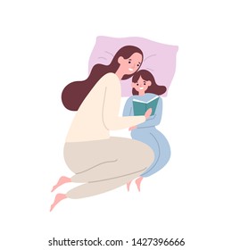 Cute Smiling Mother And Daughter In Pyjamas Lying In Bed And Reading Book Or Fairytale. Happy Adorable Mom And Child Spending Time Together At Home. Flat Cartoon Colorful Vector Illustration.