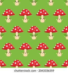 Cute Smiling Mushroom Characters With Dotted Red Caps Vector Seamless Pattern Background For Nature Design.