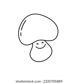 Cute smiling mushroom. Design element for coloring book, stickers, print. Contour black line mushroom.