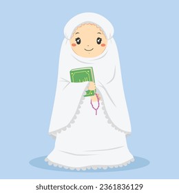 cute smiling Muslim girl wearing white mukena holding Quran and purple prayer beads ready for shalat. Muslim children character vector illustration.