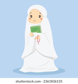 cute smiling Muslim girl wearing white mukena holding Quran and pink prayer beads ready for shalat. Muslim children character vector illustration.