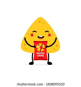 Cute Smiling Nachos, Tortilla Chip Character Holding Bag, Package Of Nacho Chips With Hot Chili Pepper.