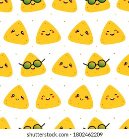 Cute smiling nachos, tortilla chips characters vector seamless pattern background for snacks, mexican food design.