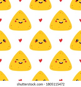 Cute smiling nachos, tortilla chips characters and red hearts vector seamless pattern background for nachos day celebration, mexican food design.