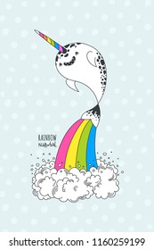 Cute smiling narwhal jumping from a cloud with rainbow trace from his tail. Rainbow narwhal vector hand drawn illustration. Print, invitation, baby shower, avatar, postcard, poster, greeting design.