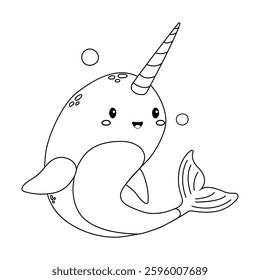 Cute smiling narwhal with a unicorn horn swimming in a whimsical underwater scene surrounded by bubbles in doodle style