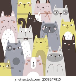 Cute smiling nd grimacing cat animal doodle funny characters background, wallpaper pattern, fabric print design. Creative decorative poster with kawaii different kitten breeds vector illustration