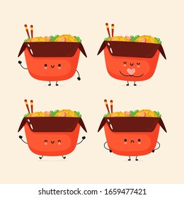 Cute smiling noodle collection. Trendy hand drawn illustration vector flat characters. Chinese noodles character bundle.