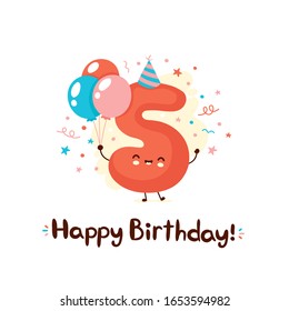 Cute smiling number five with balloons in festive hat. Happy birthday 5 yearі.Vector flat cartoon character illustration design.Isolated on white background. Happy birthday 5 years card concept