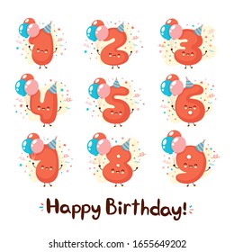 Cute smiling numbers with balloons in festive hat set. Happy birthday years collection .Vector flat cartoon character illustration icon design.Isolated on white background. Happy birthday kids bundle