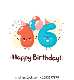 Cute smiling numbers sixteen with balloons in festive hat. Happy birthday 16 year.Vector flat cartoon character illustration design.Isolated on white background. Happy birthday 16 year card concept