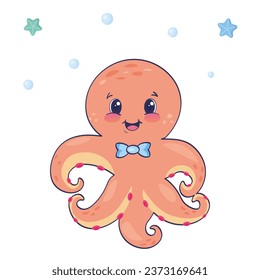 Cute smiling octopus with doodle elements on white background. Funny underwater animal. Childish character. Colored flat cartoon vector illustration